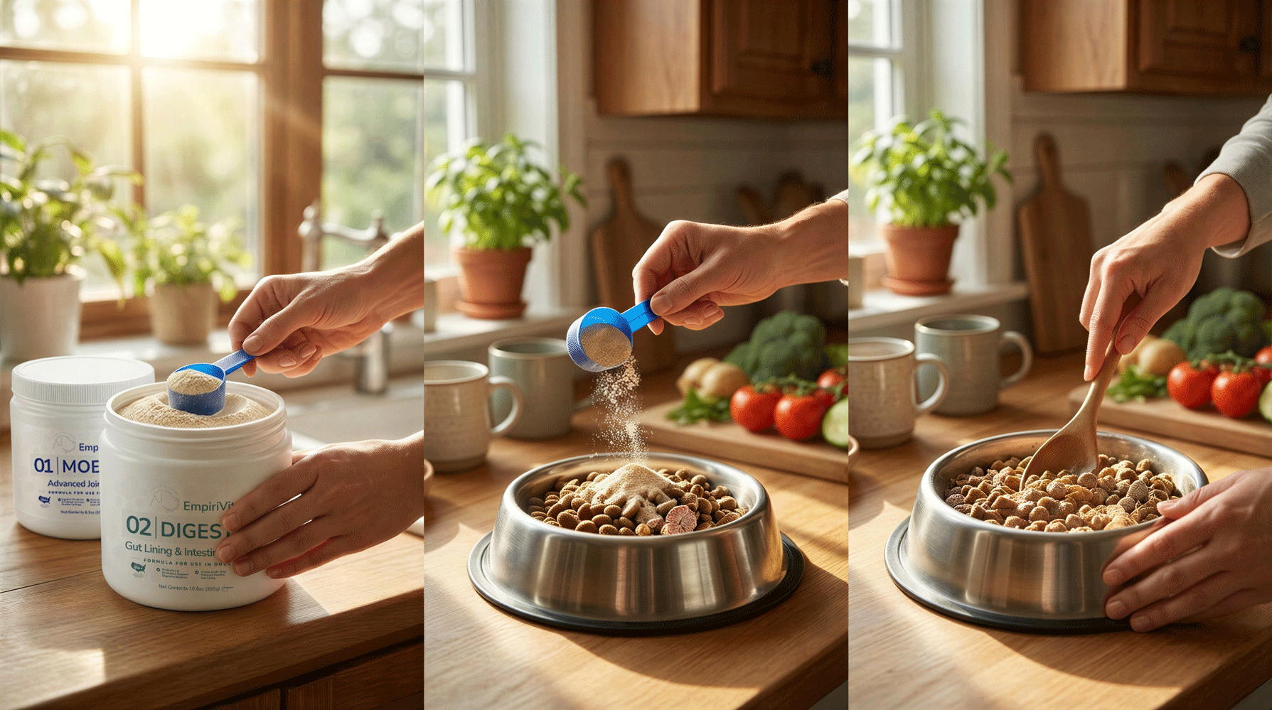 Three step kitchen sequence scooping EmpiriVita powder onto dog food and mixing it into the bowl