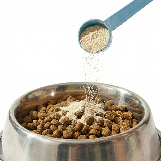 Blue scoop pouring EmpiriVita 01 Mobility powder over kibble in a stainless steel dog bowl