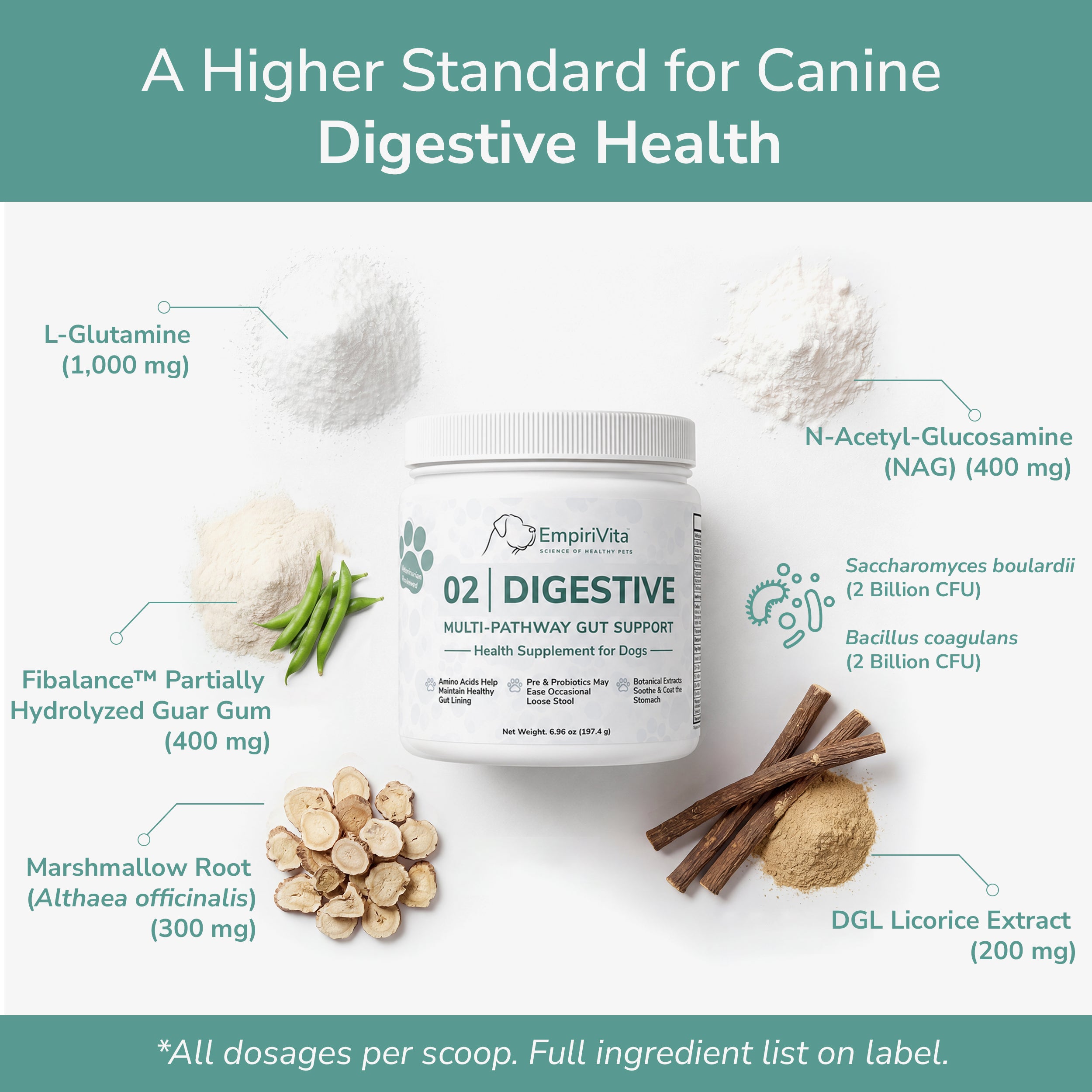 EmpiriVita 02 Digestive jar with labeled ingredients and per-scoop dosages for canine gut health support.