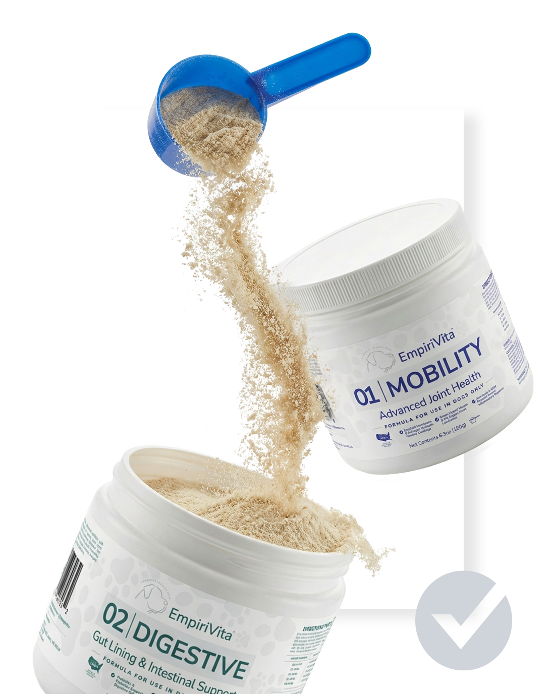 Blue scoop pouring powder above EmpiriVita 01 Mobility and 02 Digestive tubs with a checkmark, built on science