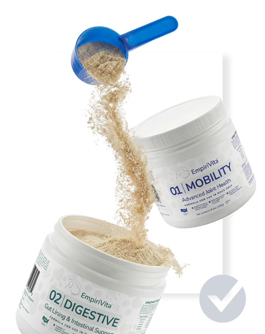 Blue scoop pouring powder above EmpiriVita 01 Mobility and 02 Digestive tubs with a checkmark, built on science