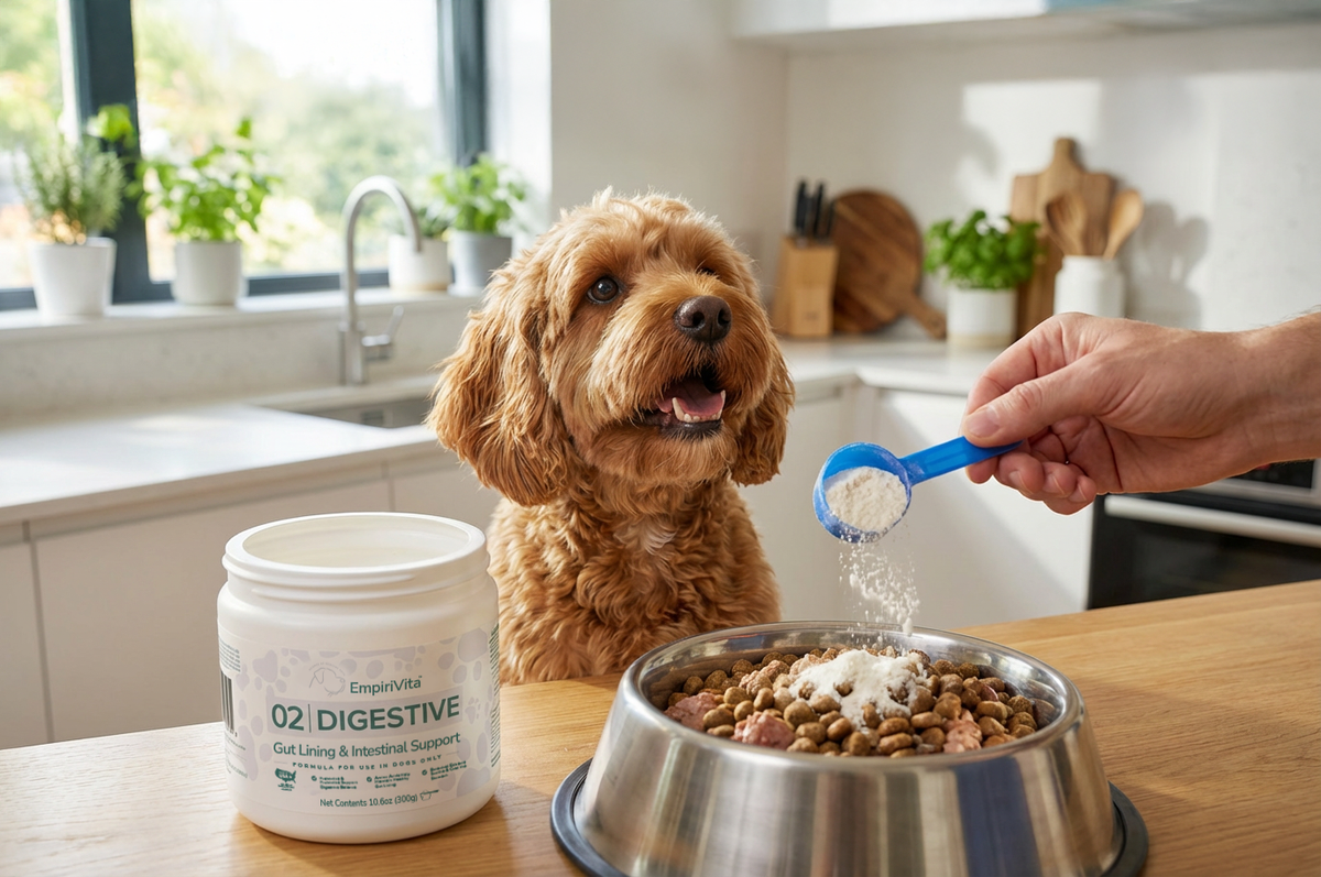 Cockapoo watches scoop of EmpiriVita 02 Digestive sprinkled over food bowl, supports healthy digestion