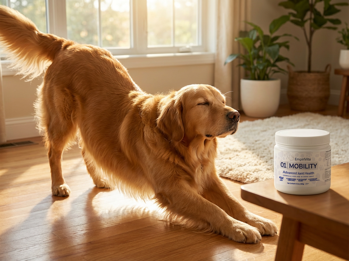 Golden retriever stretching beside EmpiriVita 01 Mobility tub in sunlit room, supports joint comfort