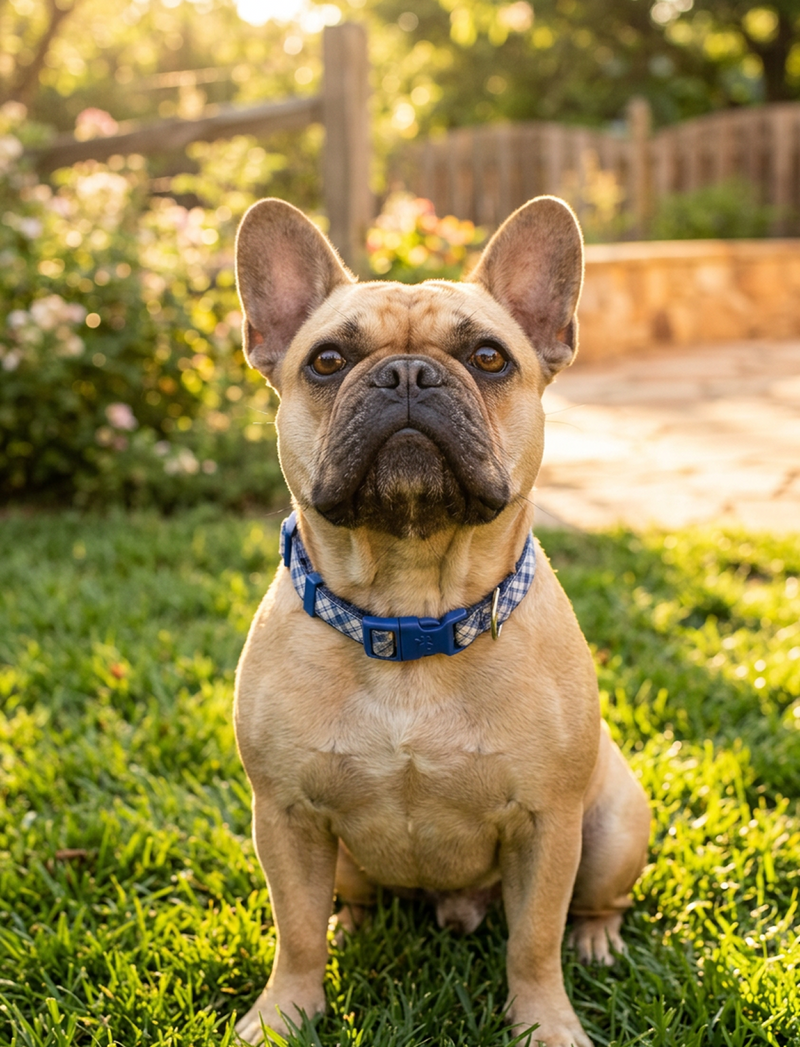 Fawn French Bulldog wearing a plaid collar sitting on green grass in a sunny garden