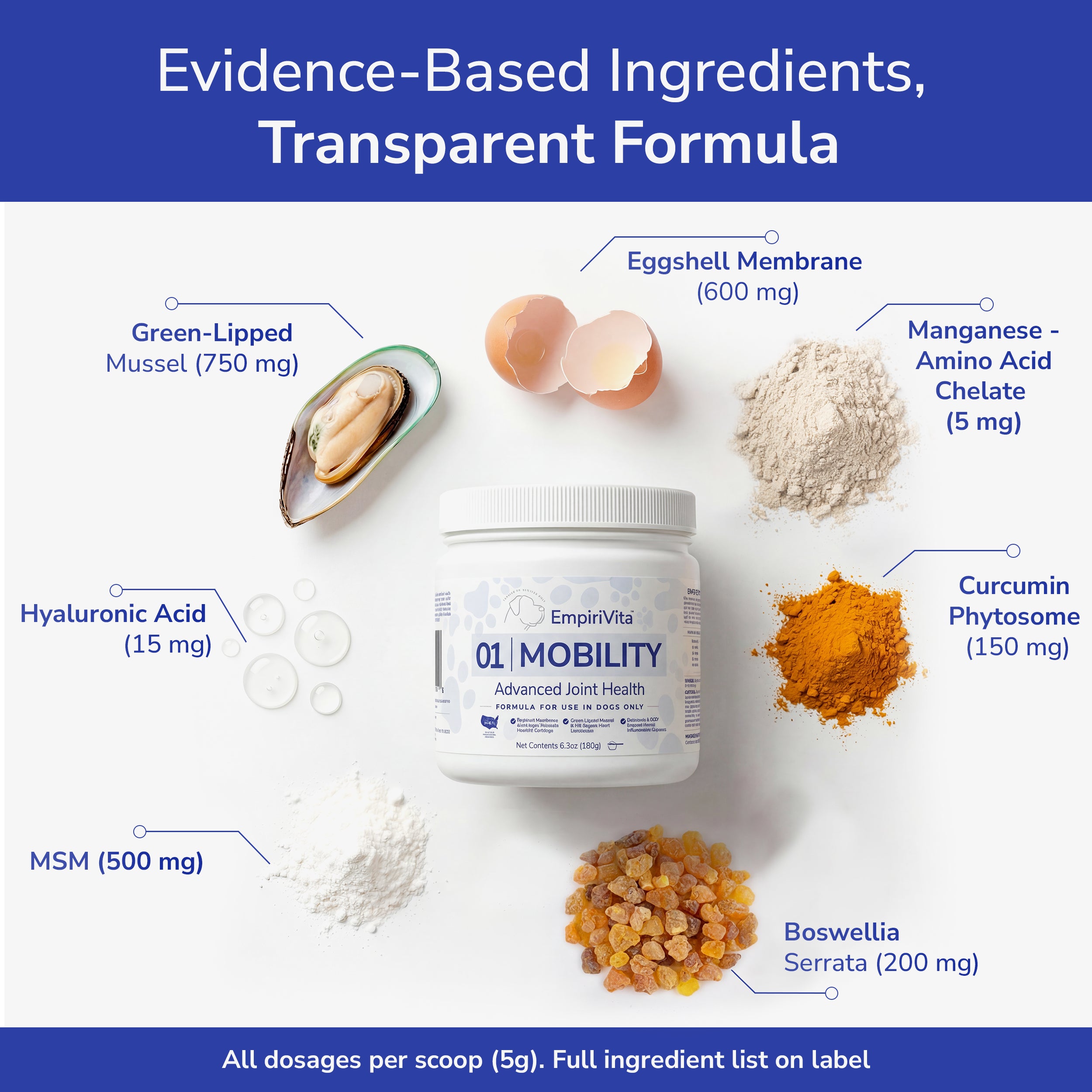 EmpiriVita 01 Mobility jar surrounded by green-lipped mussel, eggshell, MSM, curcumin and boswellia with dosages
