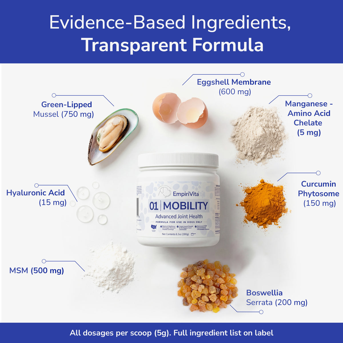 EmpiriVita 01 Mobility jar surrounded by green-lipped mussel, eggshell, MSM, curcumin and boswellia with dosages