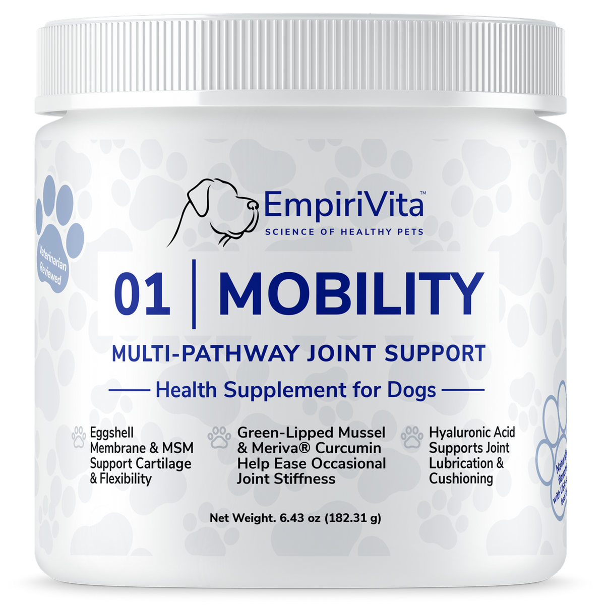 EmpiriVita 01 Mobility Multi-Pathway Joint Support powder front, 6.43 oz tub for joint comfort in dogs