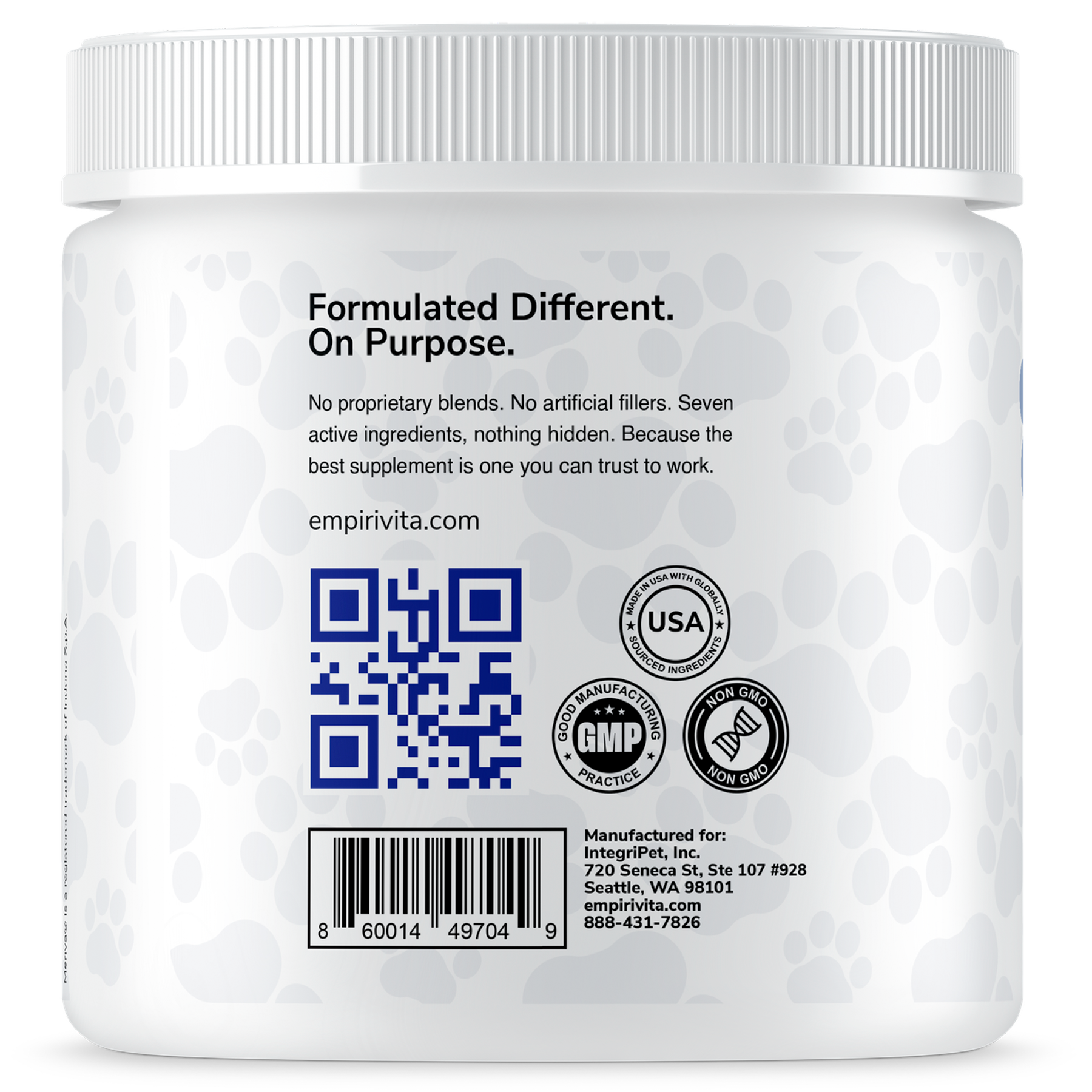 EmpiriVita 01 Mobility powder back panel with Formulated Different message, GMP, USA, Non-GMO badges and QR code