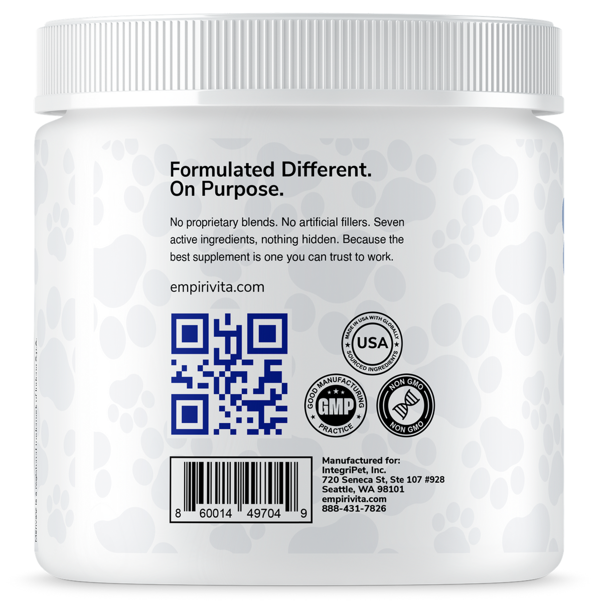 EmpiriVita 01 Mobility powder back panel with Formulated Different message, GMP, USA, Non-GMO badges and QR code
