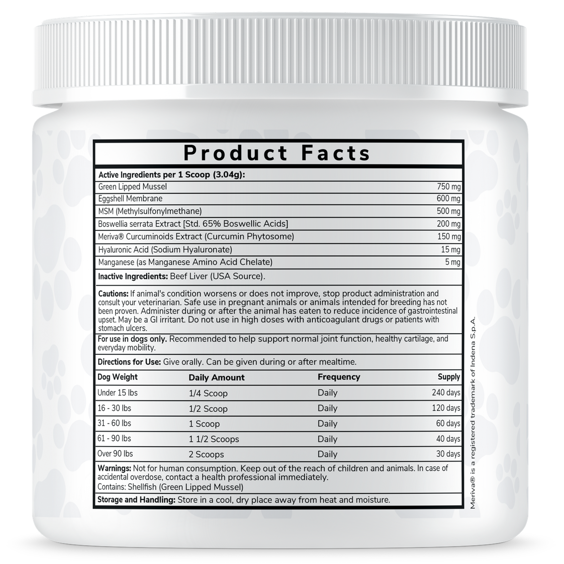 EmpiriVita 01 Mobility Product Facts panel listing green-lipped mussel, MSM and curcumin that support joint function