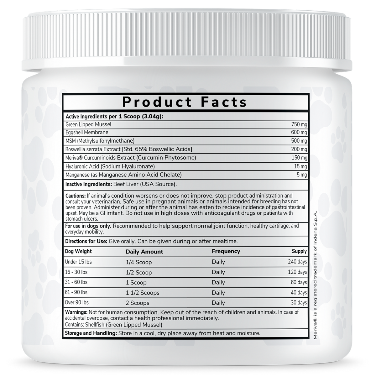 EmpiriVita 01 Mobility Product Facts panel listing green-lipped mussel, MSM and curcumin that support joint function