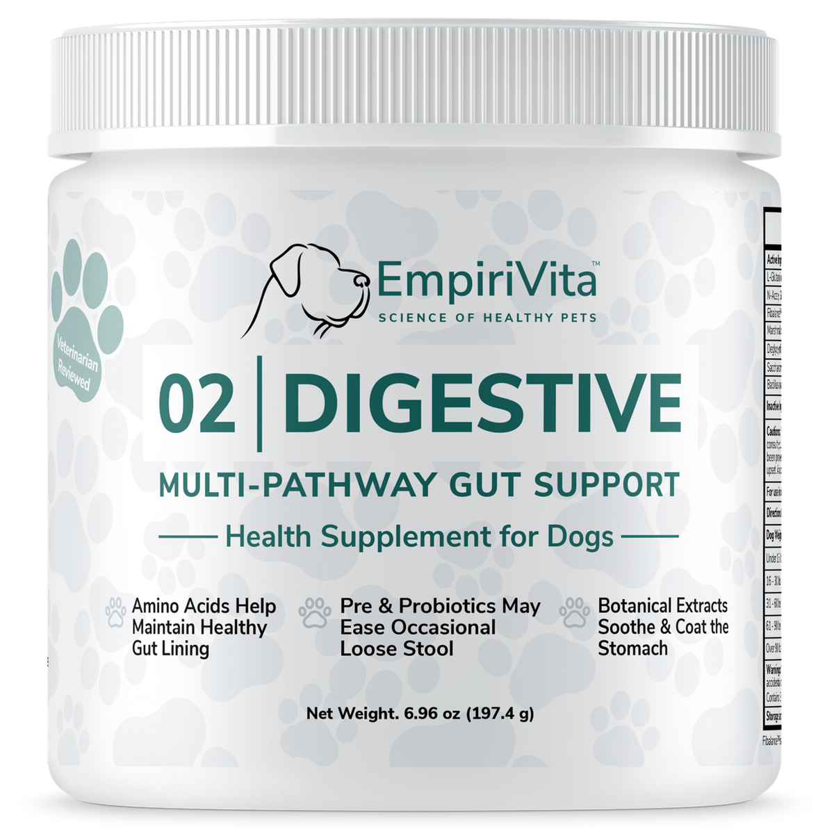 EmpiriVita 02 Digestive Multi-Pathway Gut Support powder front, 6.96 oz tub for digestive health in dogs