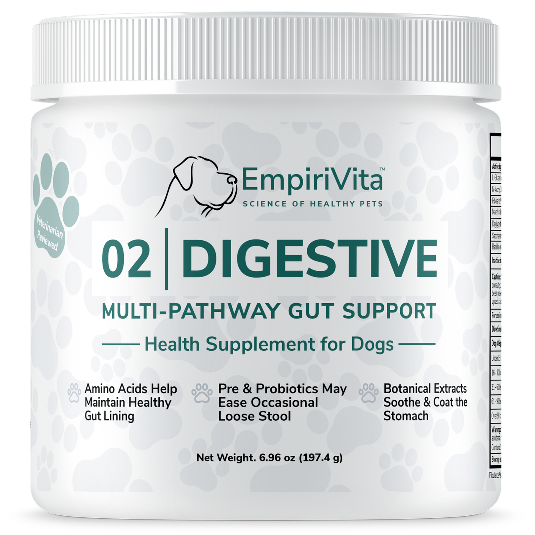 EmpiriVita 02 Digestive Multi-Pathway Gut Support powder front, 6.96 oz tub for digestive health in dogs