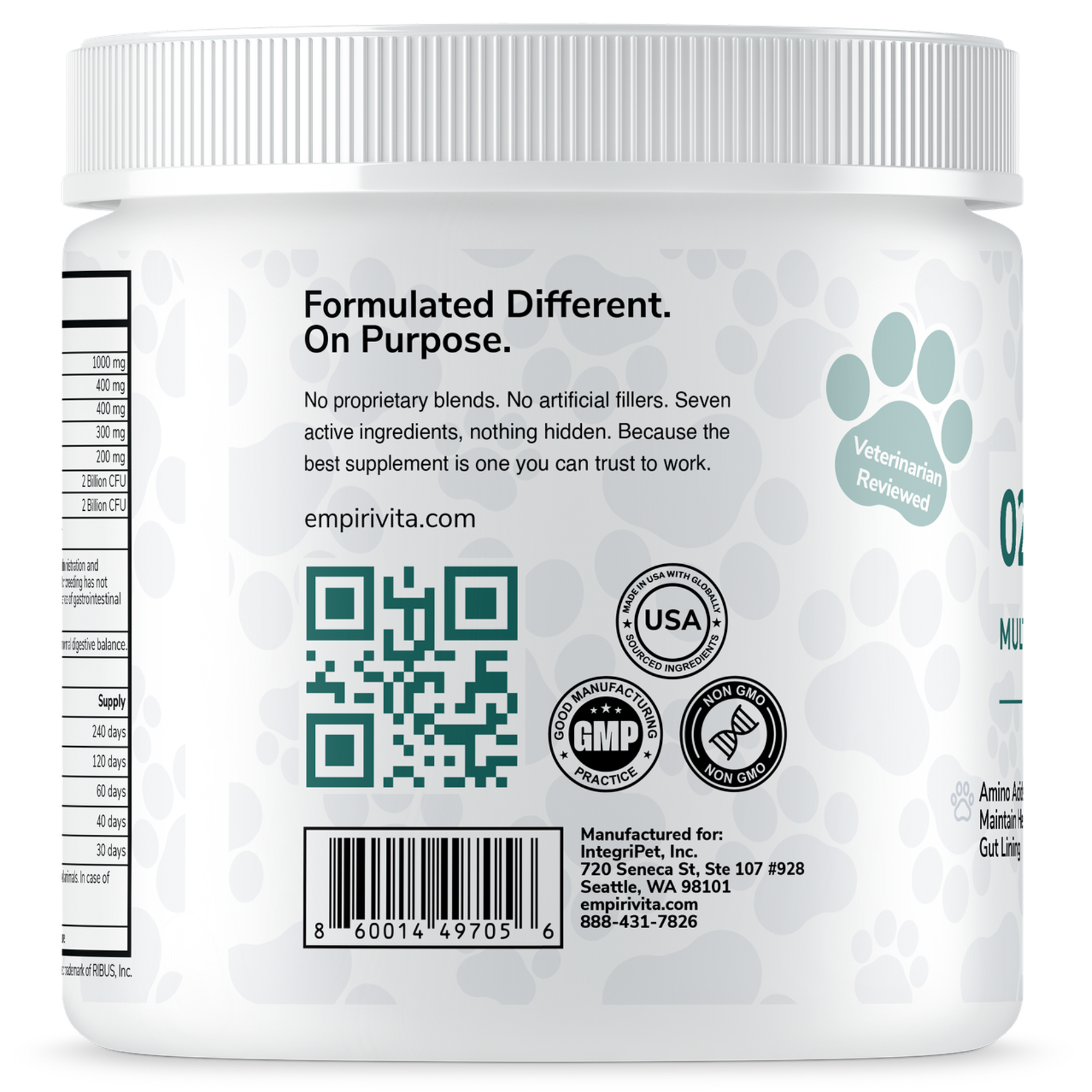 EmpiriVita 02 Digestive powder back panel with Veterinarian Reviewed, GMP, USA and Non-GMO badges and QR code