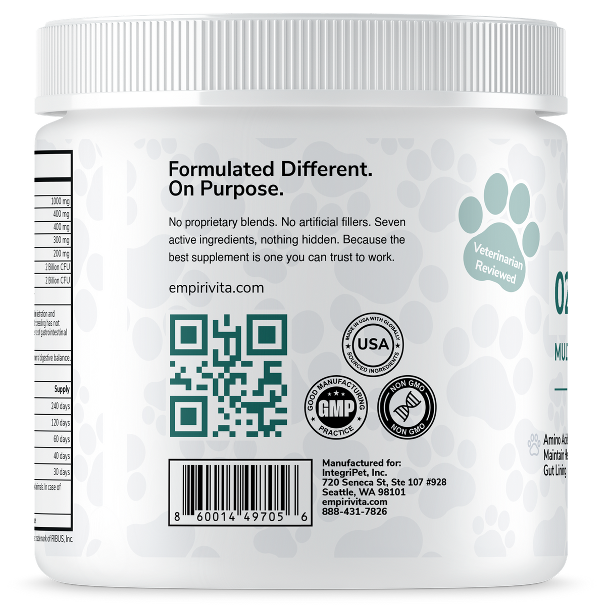 EmpiriVita 02 Digestive powder back panel with Veterinarian Reviewed, GMP, USA and Non-GMO badges and QR code