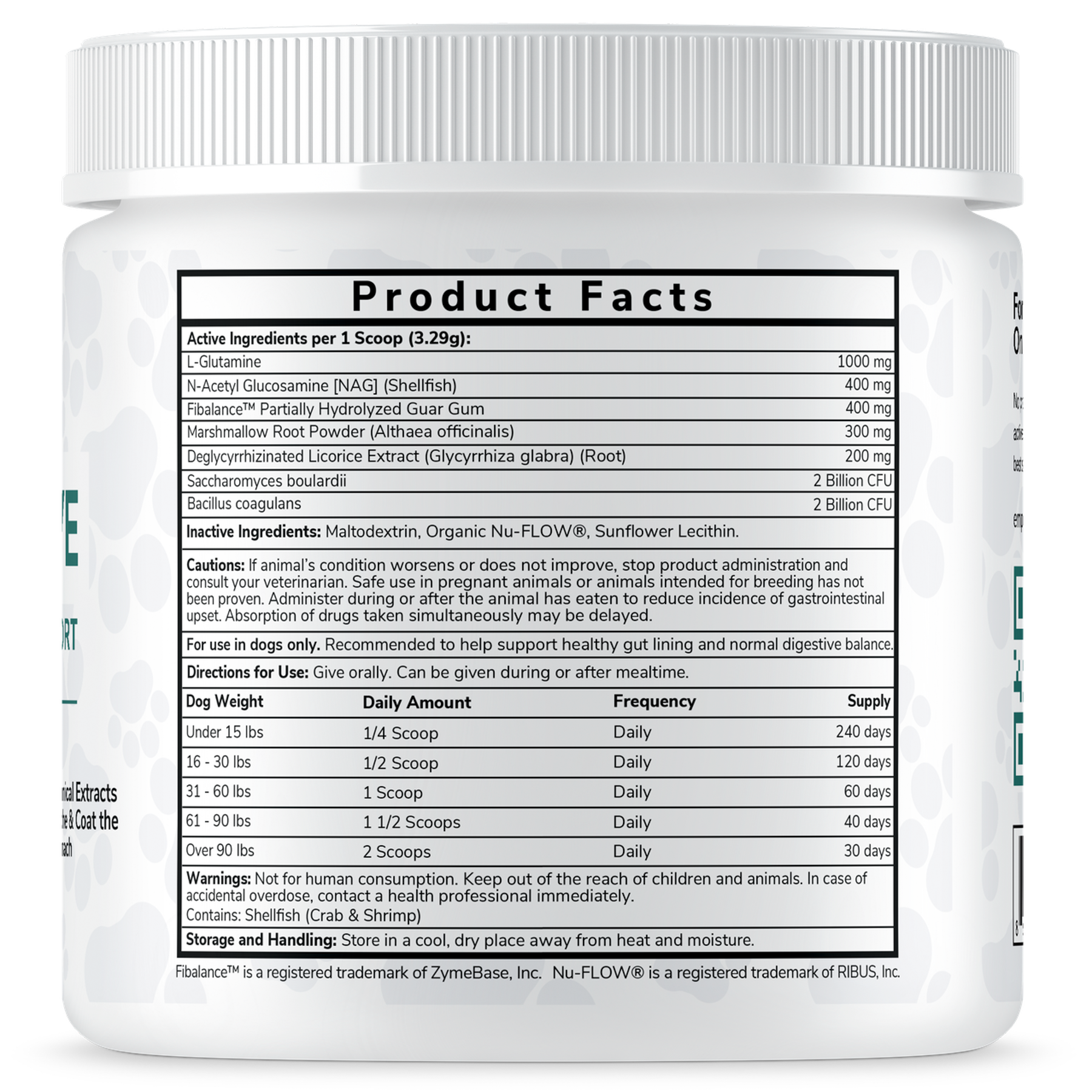EmpiriVita 02 Digestive Product Facts label close-up listing L-Glutamine and probiotics that support healthy gut lining