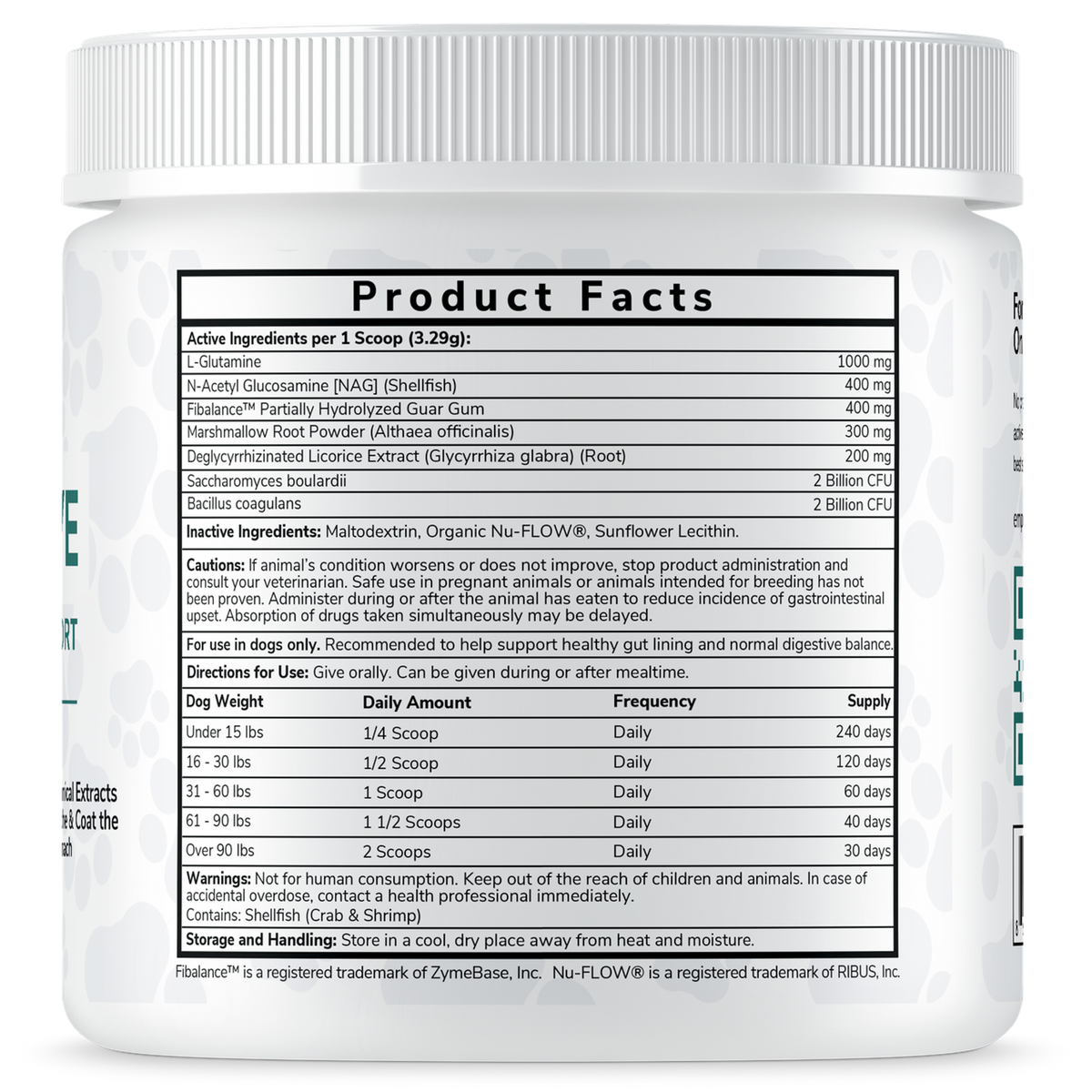 EmpiriVita 02 Digestive Product Facts label close-up listing L-Glutamine and probiotics that support healthy gut lining